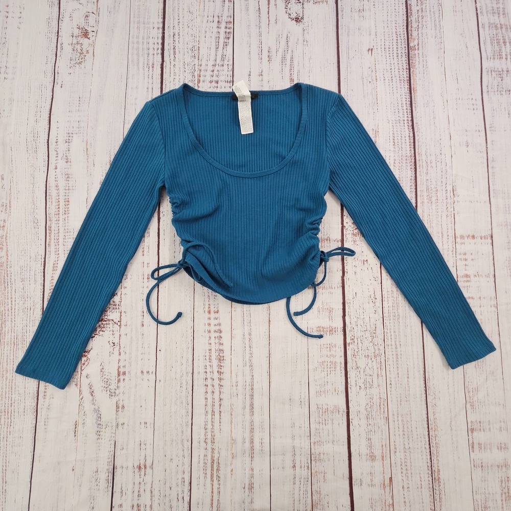 Forever 21 Dark Teal Long Sleeve Ribbed Knit Ruched Scoop Neck Crop Top S